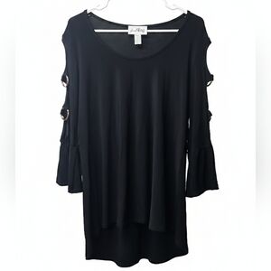 Joseph Ribkoff Black Cold Shoulder Silver Rings Hi-Lo Top Sz 14